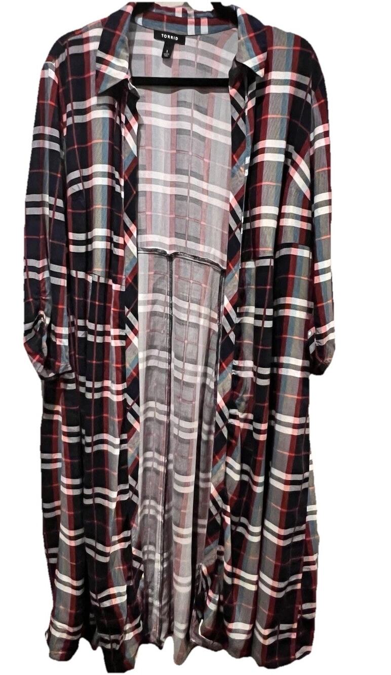 Torrid Plaid Longline Duster Cardigan Size 1 (16/18) Rayon Red Navy Lightweight